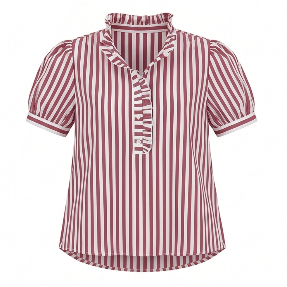 Brindle™ Puff Sleeve Gingham Top with Ruffle Placket