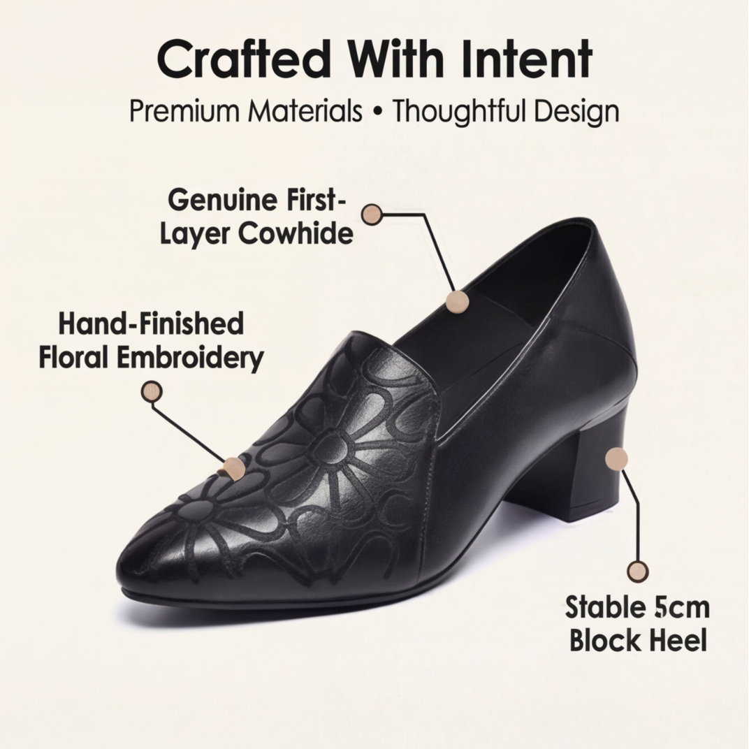 Floressa™ – Embroidered Leather Pumps with Cushioned Heel