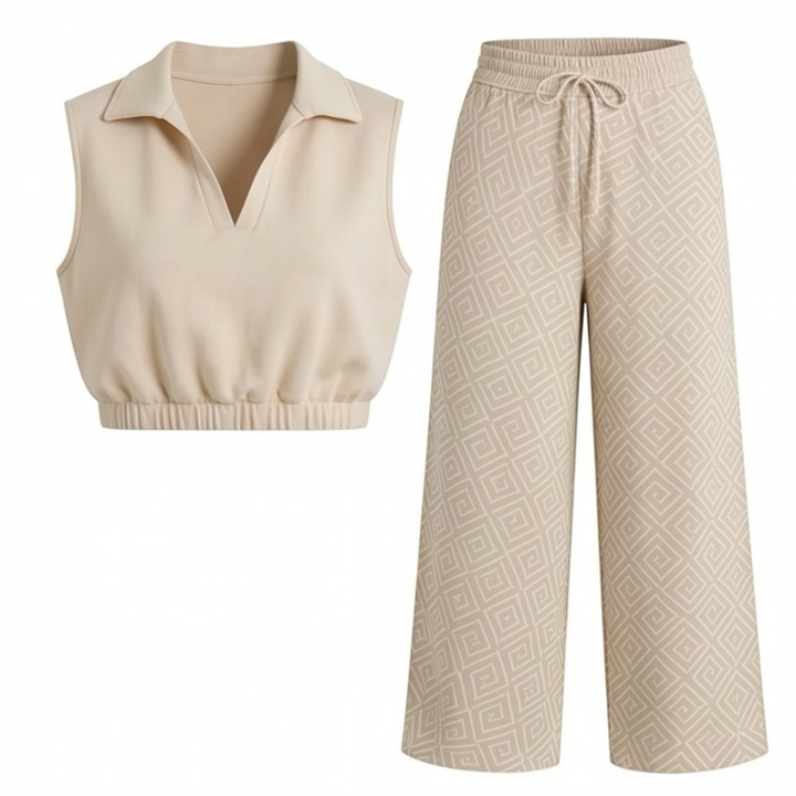 Lunavia™ – Collared Two-Piece Set with Drawstring Wide-Leg Pants