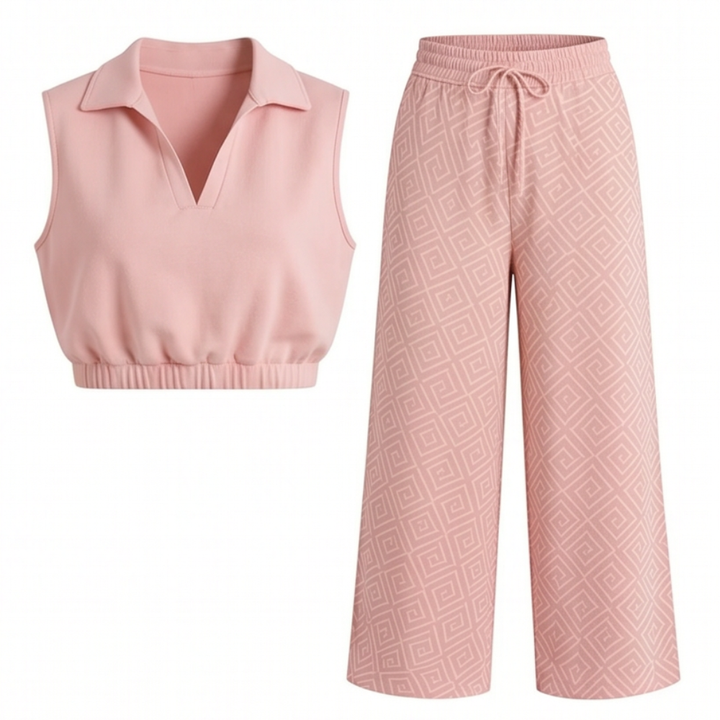 Lunavia™ – Collared Two-Piece Set with Drawstring Wide-Leg Pants