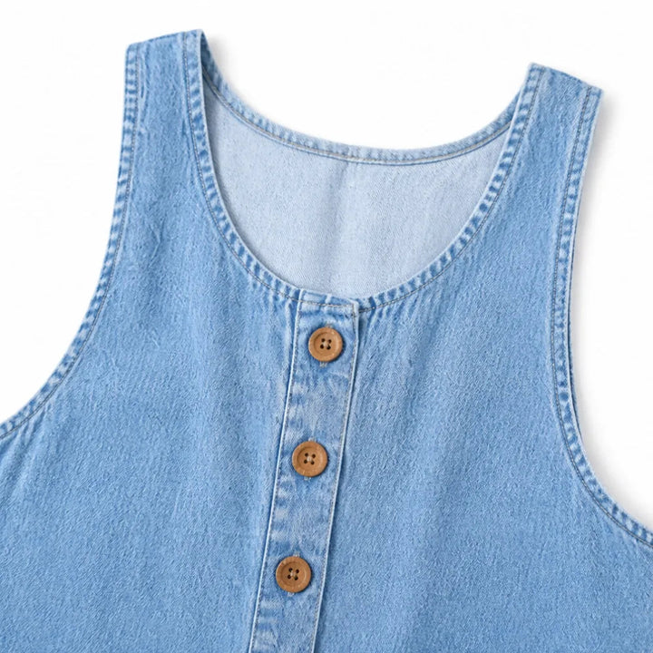 Lora – Vintage Denim Overalls with Button Front and Patch Pockets