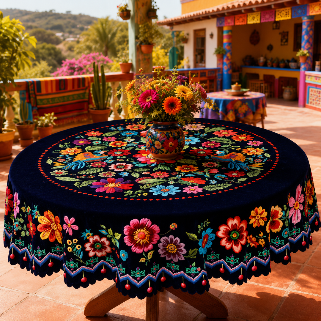 Casamora – Mexican Floral Embroidered Tablecloth with Scalloped Edge