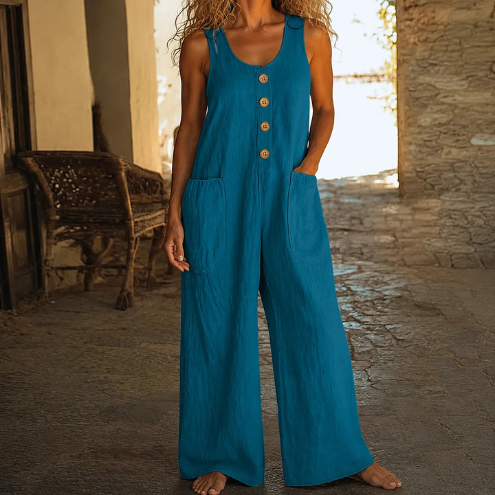 Soliva – Sleeveless Wide-Leg Cotton Jumpsuit with Pockets and Buttons