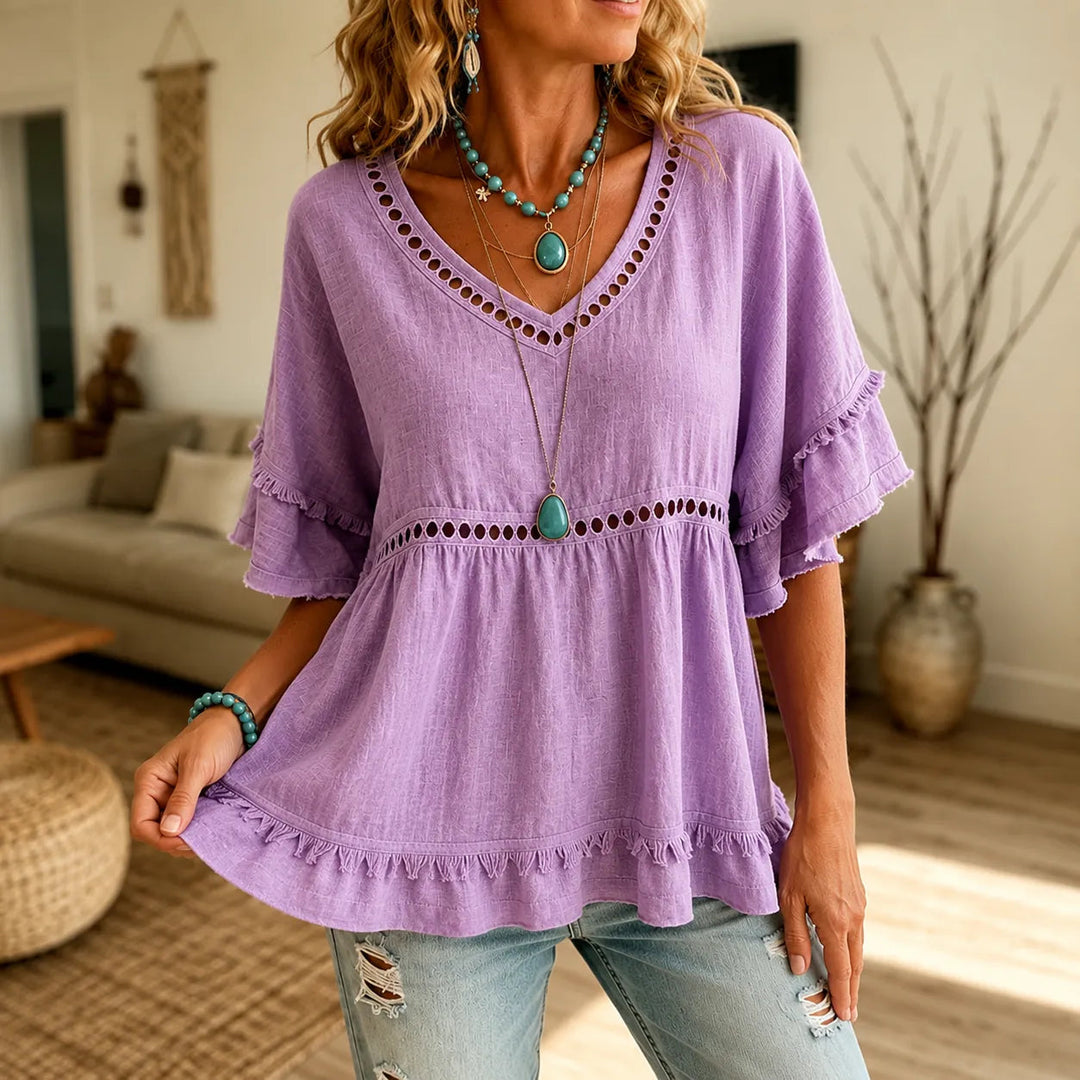 Meloria – Bohemian Babydoll Top with Eyelet Cutouts and Fringe Hem