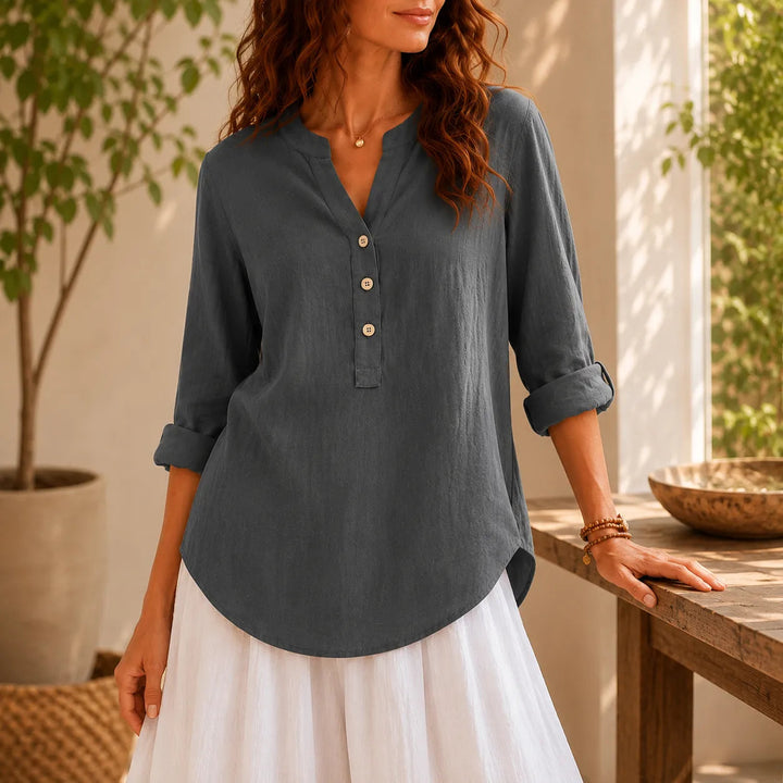 Amberlys – Airy Linen Blouse with V-Neck and Buttons