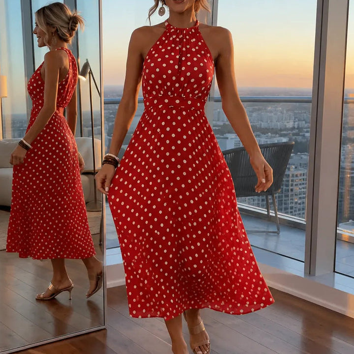 Soliana – Pleated Polka Dot Halter Midi Dress for Women