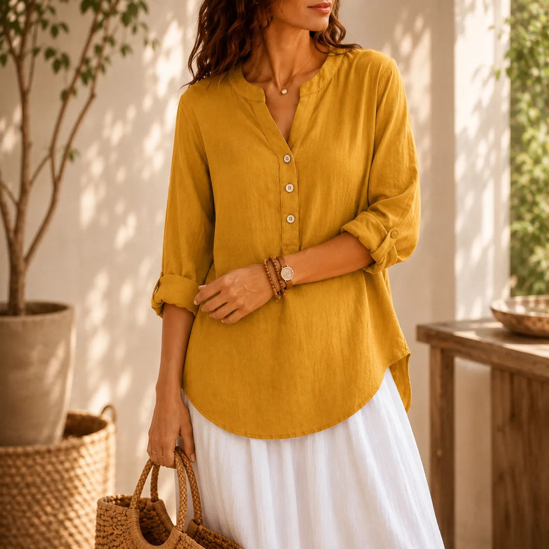 Amberlys – Airy Linen Blouse with V-Neck and Buttons