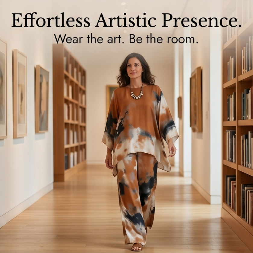 Aterra™ - Artistic Watercolor Tunic and Wide Leg Pants Set