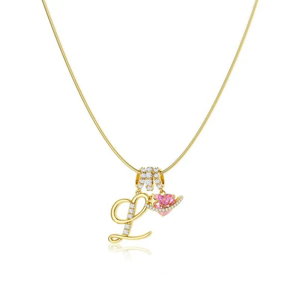 LUMARA™ - 3-Layer Initial Necklace with Pink Heart Zircon