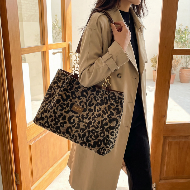 Lynxe™ – Leopard Print Tote with Chain Detail