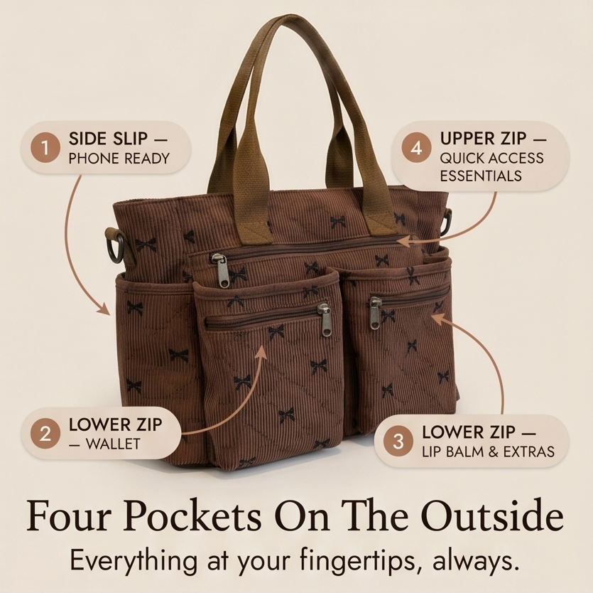 Bowette™ - Corduroy Bow-Print Tote with Laptop Pocket