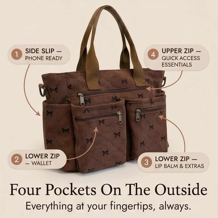 Bowette™ - Corduroy Bow-Print Tote with Laptop Pocket