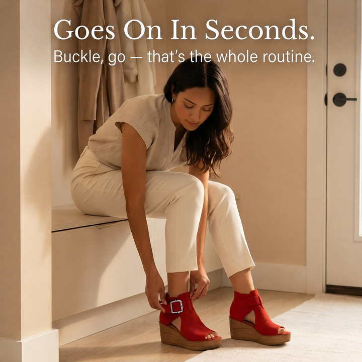 Elsera™ – Peep-Toe Platform Wedges with Buckle Detail
