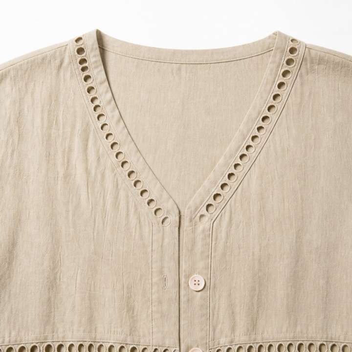 Loralee – Women's Lace Look-Trim Button-Up Blouse with Soft V-Neck Drape