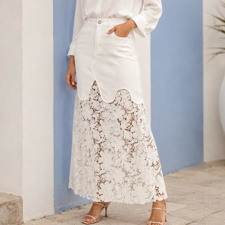 Florenza – Floral lace hem high waist denim maxi skirt with pockets