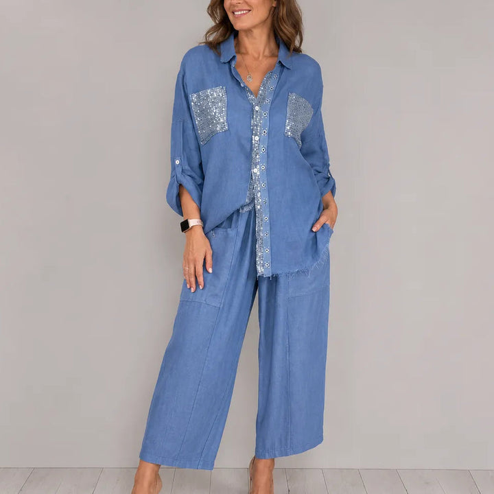 Solencia – Shimmer Pocket Shirt and Wide-Leg Pants Set