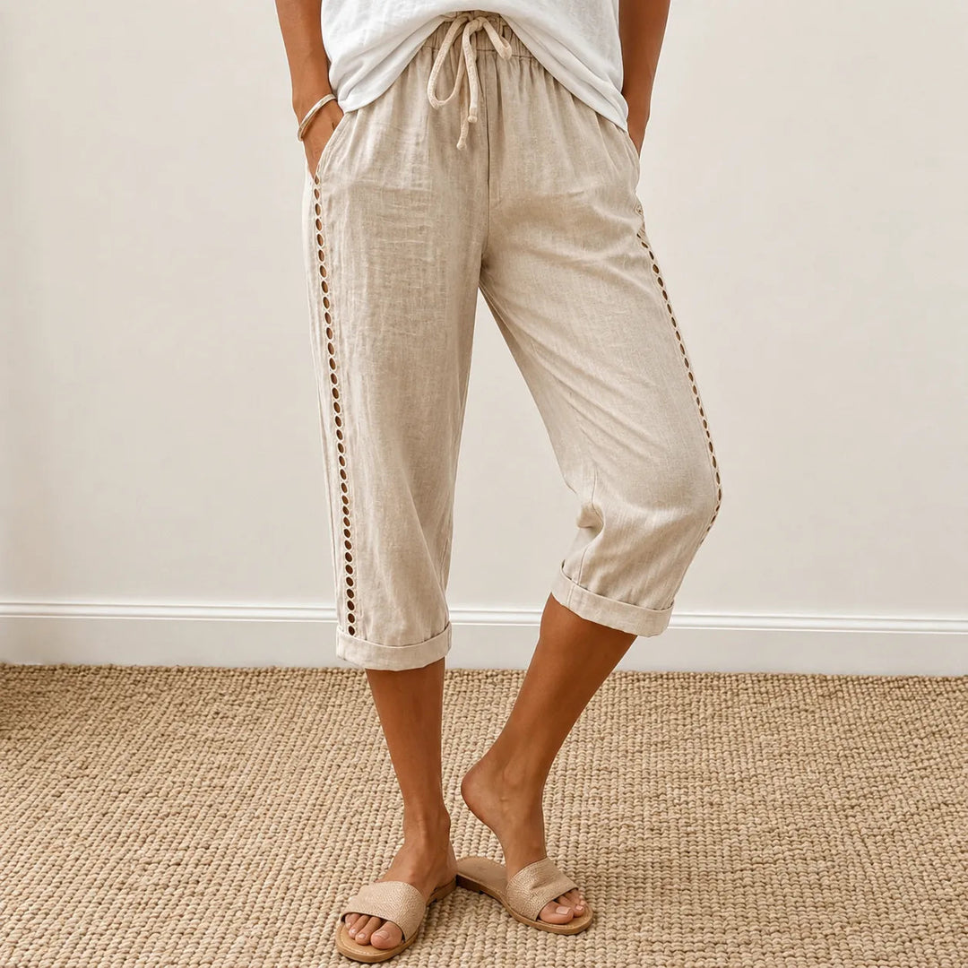 Loravie – Eyelet Trim Cotton-Linen-like Capri Pants with Drawstring Waist