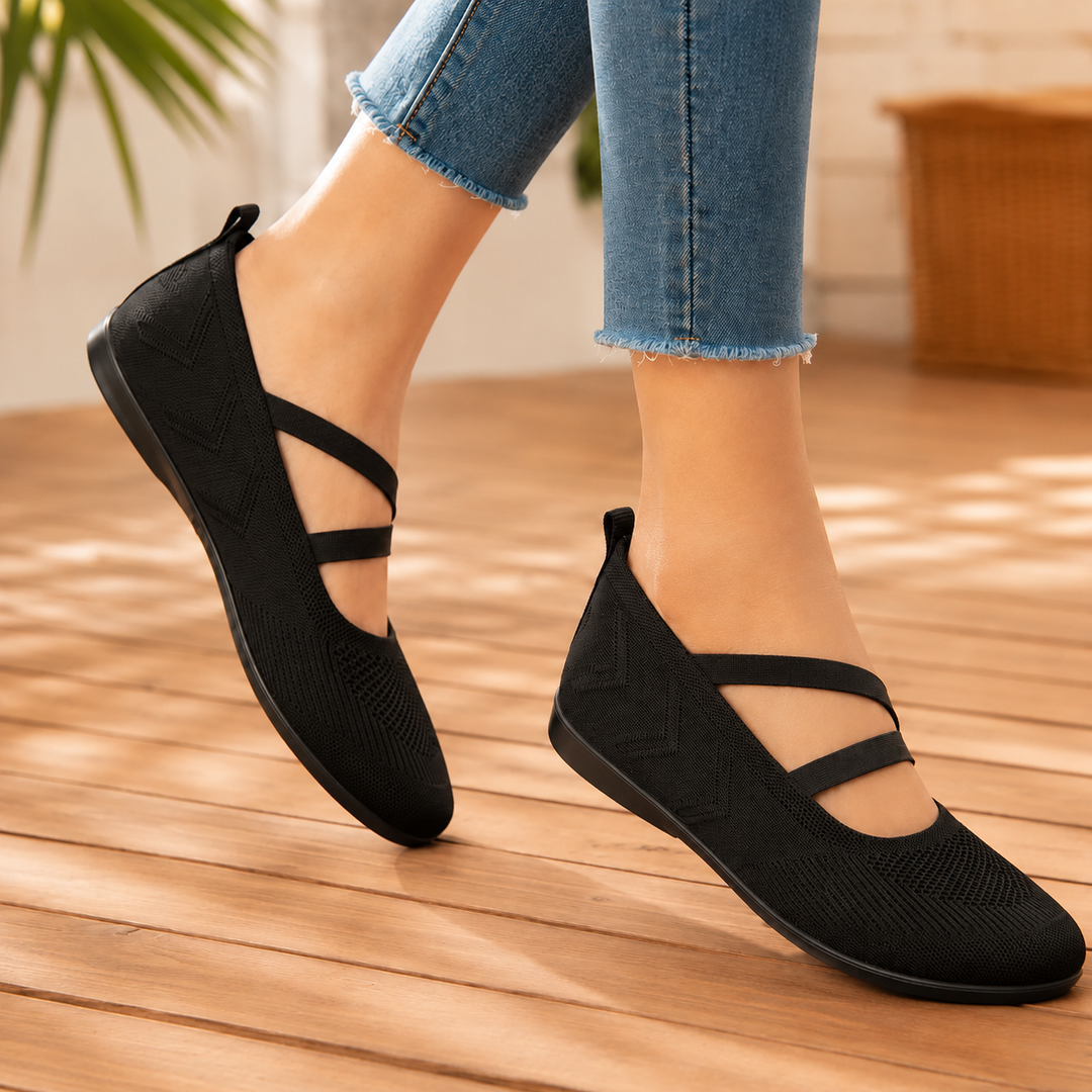 Soffea – Knit Mary Jane Flats with Elastic Straps for Women, Slip On Breathable Ballet Shoes