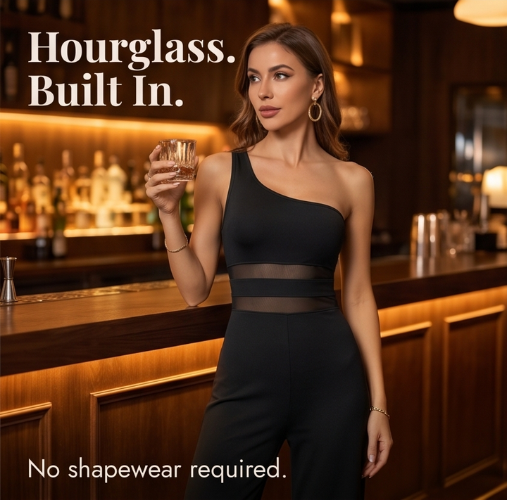 Veluna™ – One-Shoulder Mesh Waist Jumpsuit