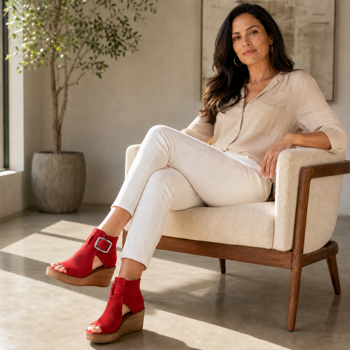 Elsera™ – Peep-Toe Platform Wedges with Buckle Detail