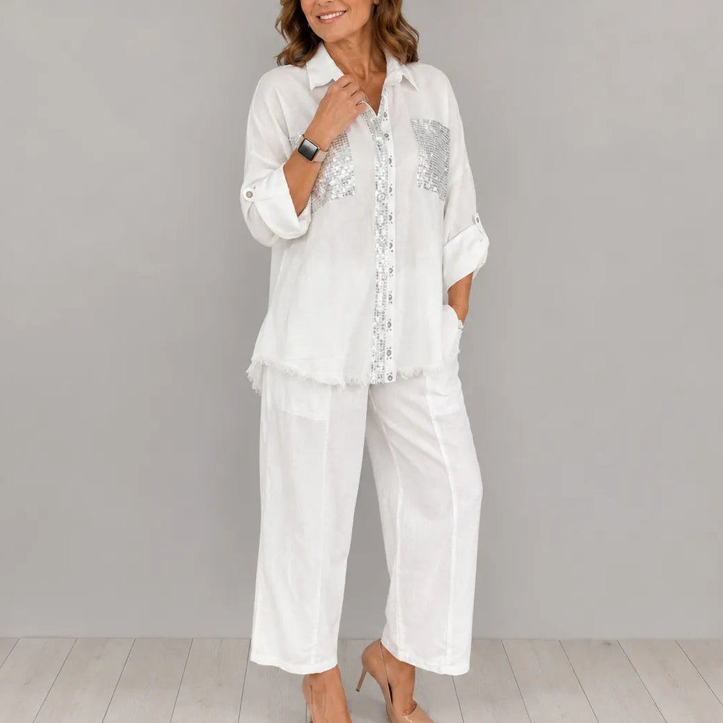 Solencia – Shimmer Pocket Shirt and Wide-Leg Pants Set