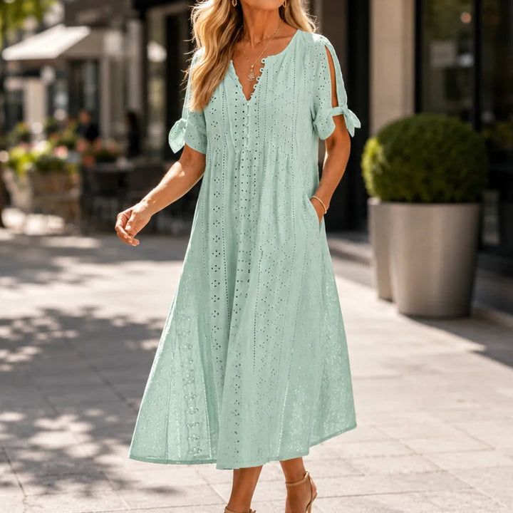 Lunavia – Eyelet V Neck Midi Dress with Tie Sleeves and Pockets
