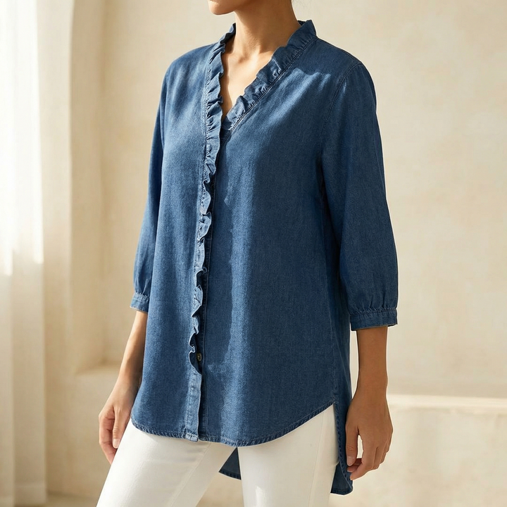 Vivara™ – Soft Ruffle V Neck Denim Blouse