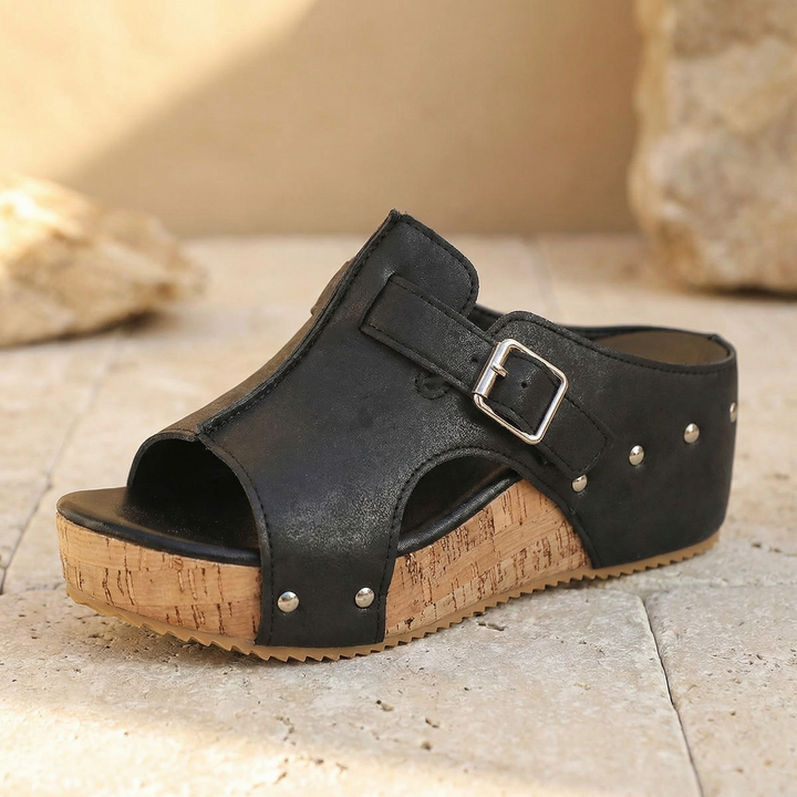 Solana™ – Retro Cork Wedge Sandals with Rivet Detail