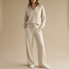 Veluna™ – Soft V-Neck Lounge Set with Wide Leg Pants