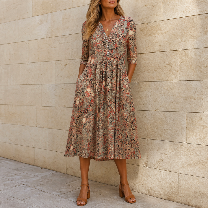 Lirenne™ – Flattering Floral Midi Dress with Pockets