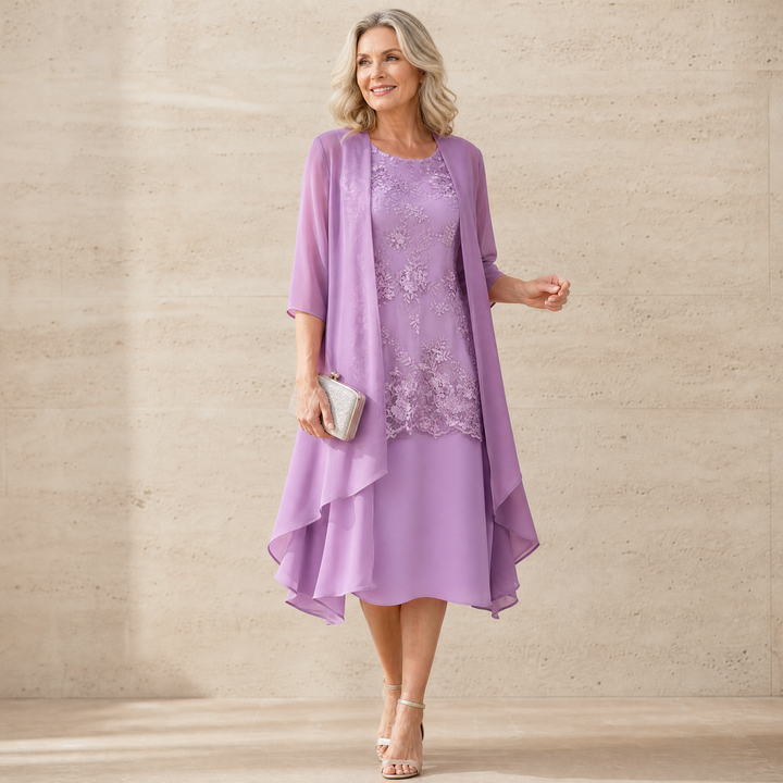 Lunavia - Women's Floral Lace Dress Set with Chiffon Shawl