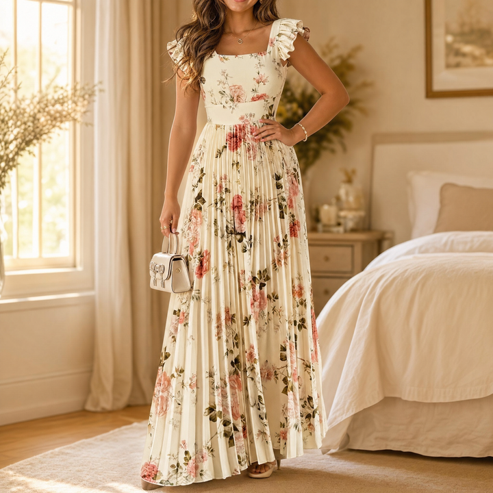 Florelle - Women's Square-Neck Floral Pleated Maxi Dress