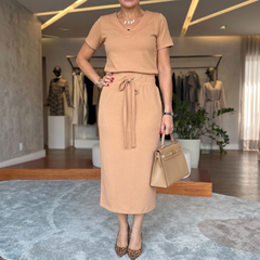 Saviya™ – Ribbed V-Neck Top and Midi Skirt Set