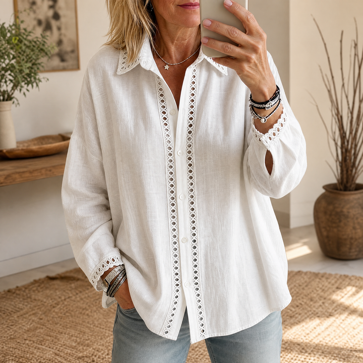 Lunavia - Women's Eyelet Trim Button-Down Blouse