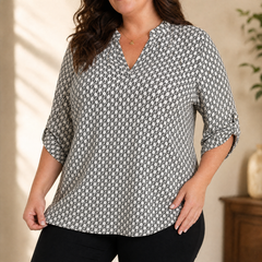 Lunavia™ Geometric V-Neck Blouse with Roll-Tab Sleeves