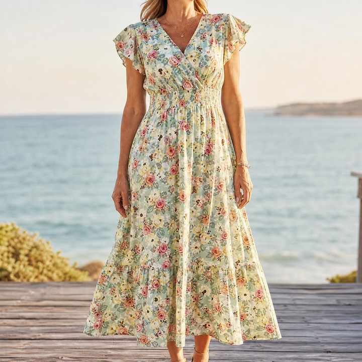Florenza™ – Floral V-Neck Smocked Waist Midi Dress