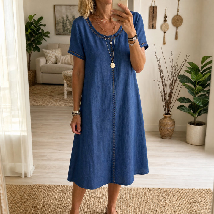 Lunavia - Women's Eyelet Trim Linen Midi Dress