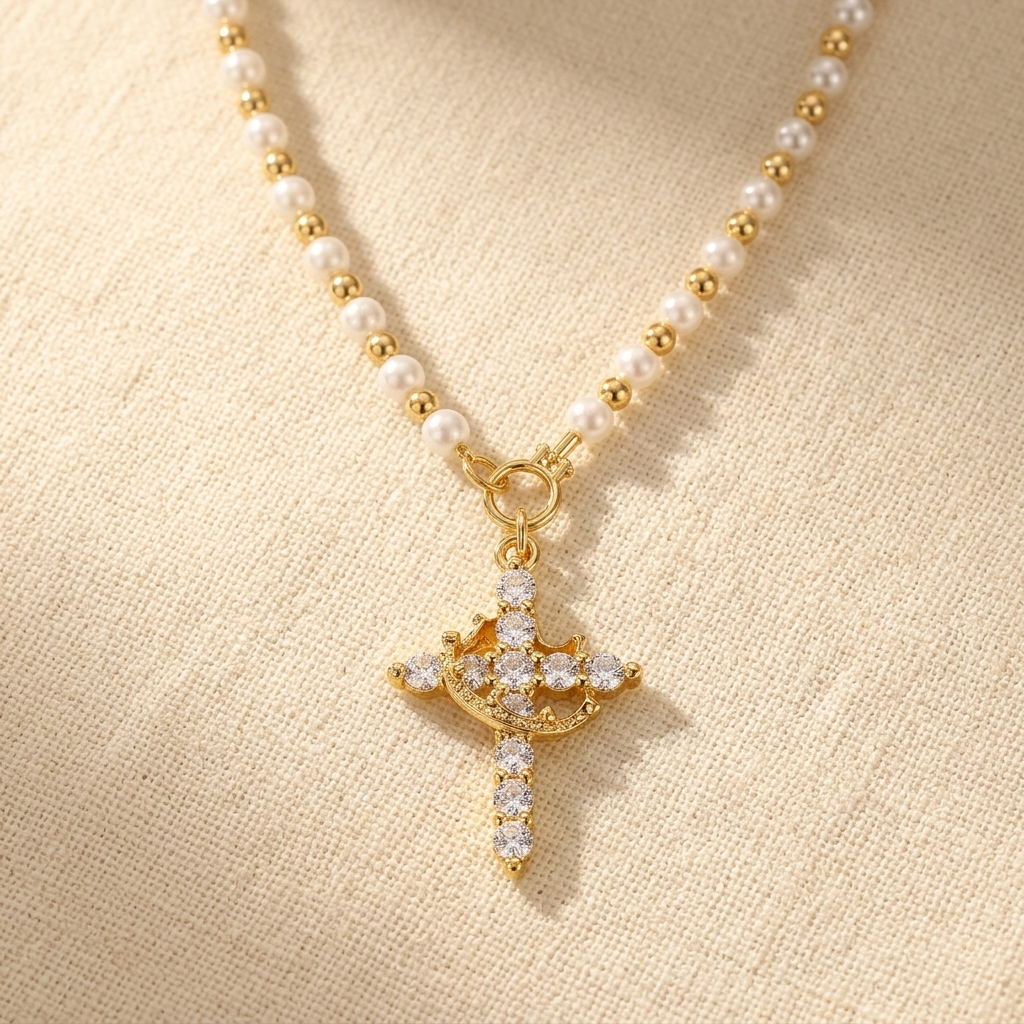 Crownara™ – Crown Cross Pearl Bead Necklace
