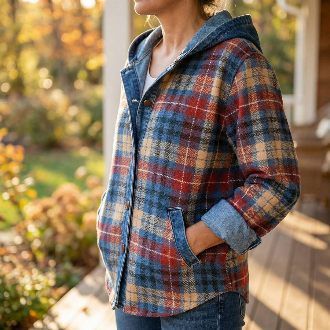 Weslyn™ - Contrast Denim Plaid Hooded Jacket