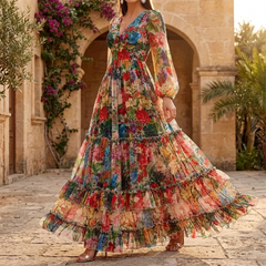Floressa™ – Tiered Floral Maxi Dress with Lantern Sleeves