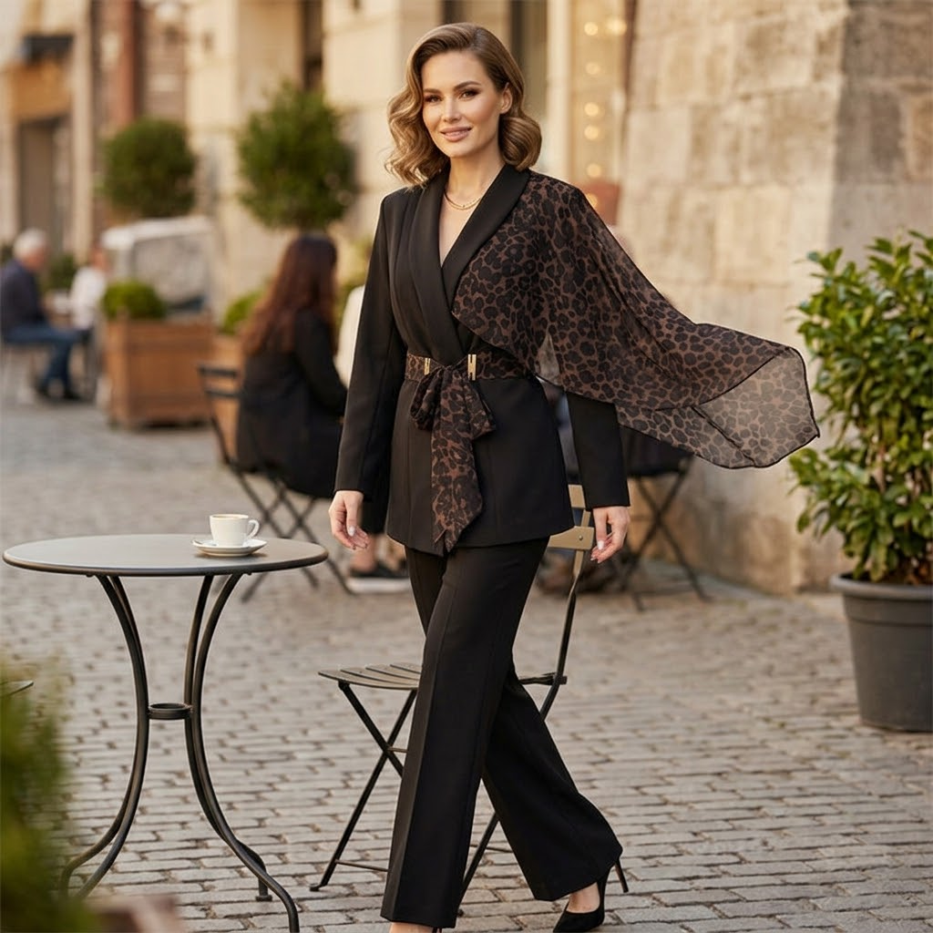 Selvana™ – Leopard Accent Blazer and Pants Set