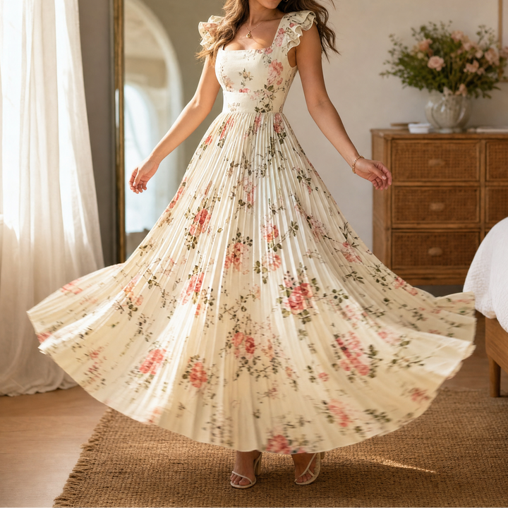 Florelle - Women's Square-Neck Floral Pleated Maxi Dress