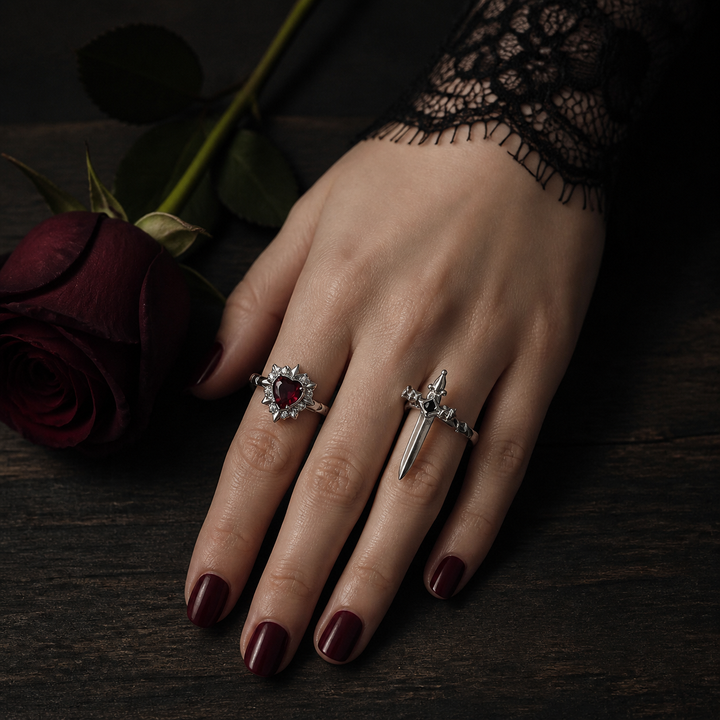 Noctelle™ Pierced Heart Ring Set with Garnet Stone