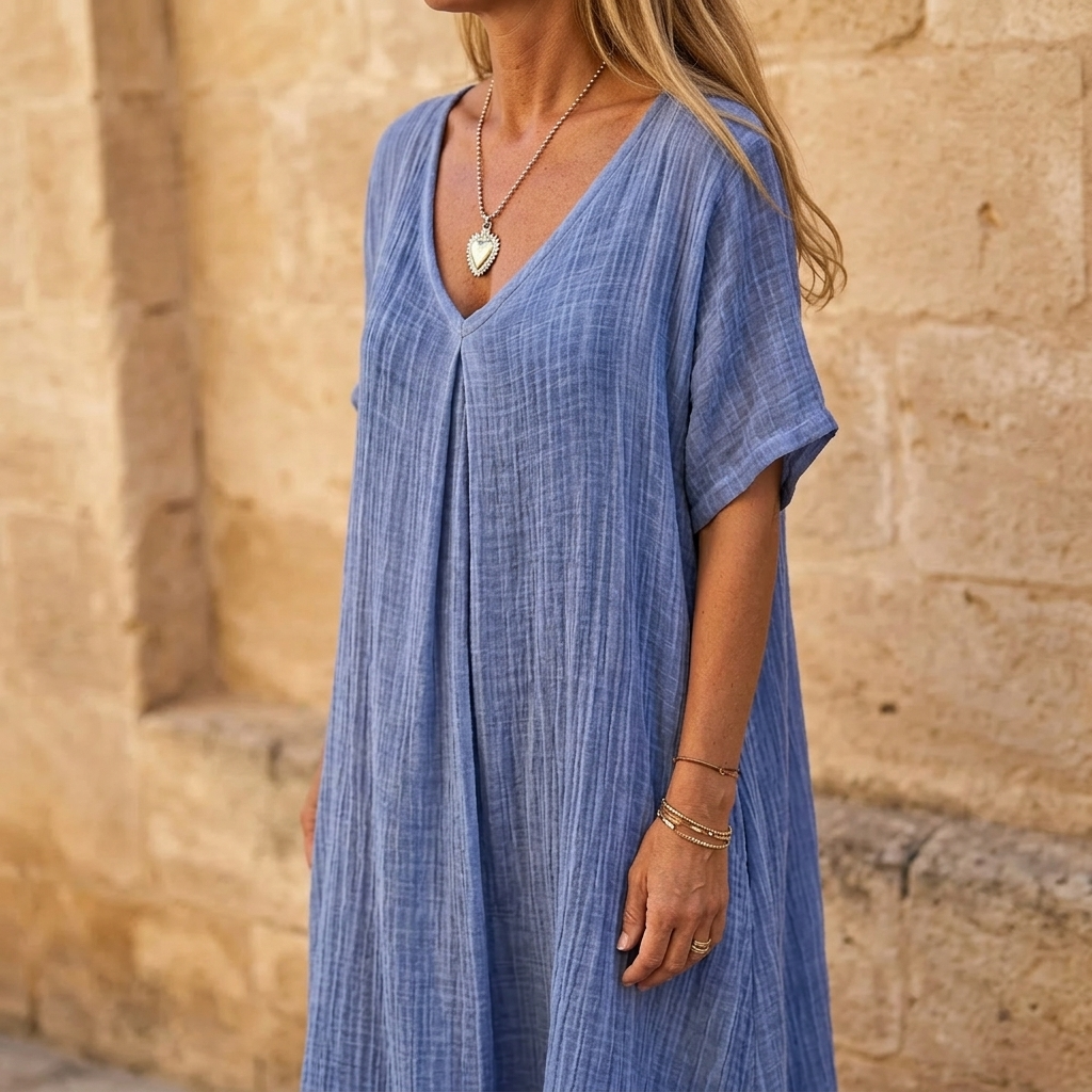 Linara™ – Breezy Cotton Linen V Neck Dress