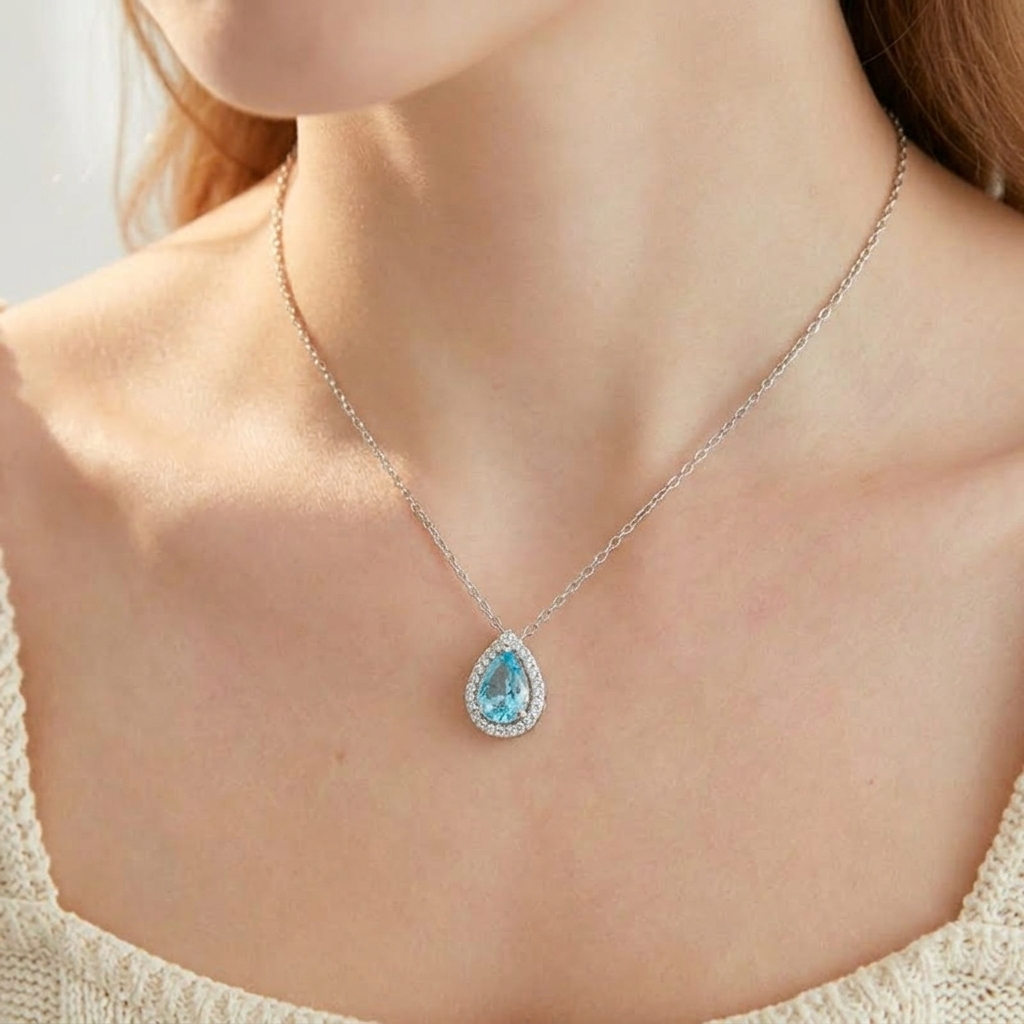 Lunaire™ – Aqua Blue Teardrop Pendant Necklace