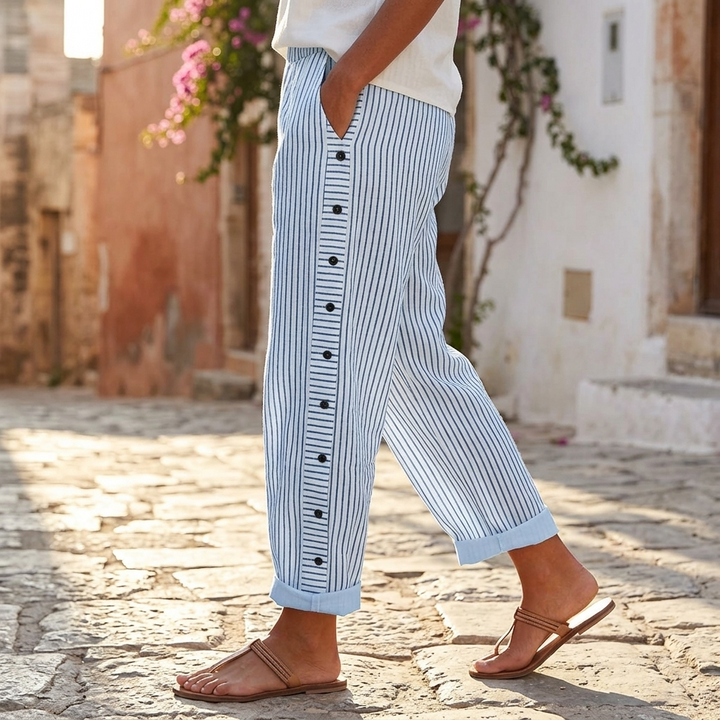Coastlyn™ – Striped Cotton Pants with Button Trim