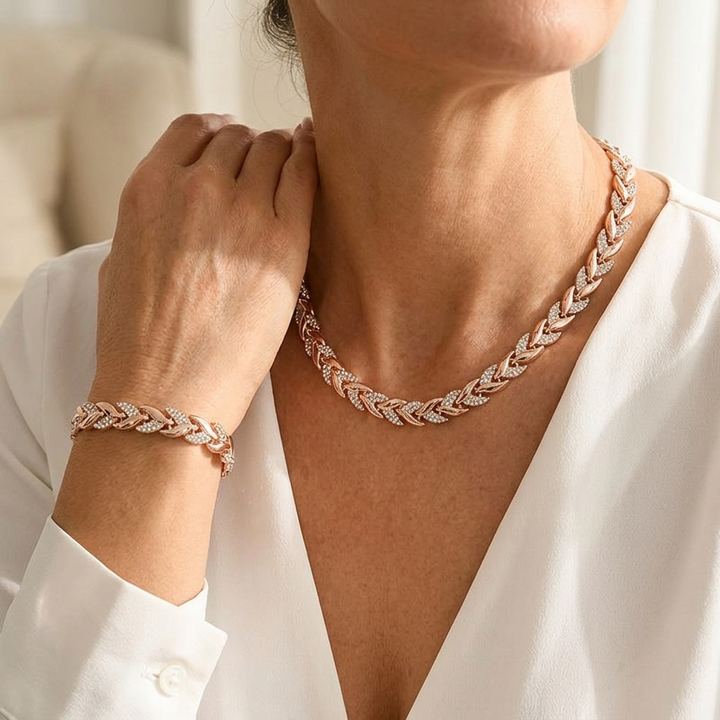 Levara™ – Sparkling Leaf Link Necklace and Bracelet Set