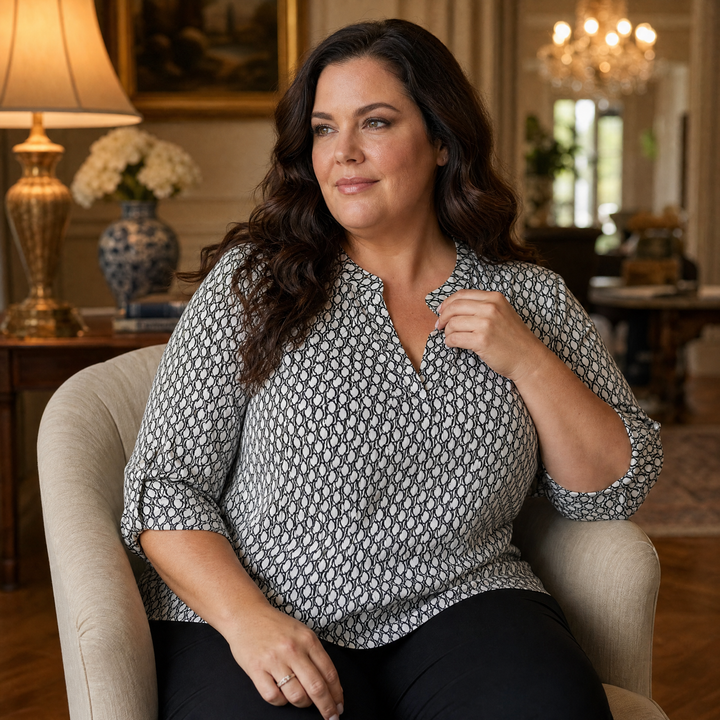 Lunavia™ Geometric V-Neck Blouse with Roll-Tab Sleeves
