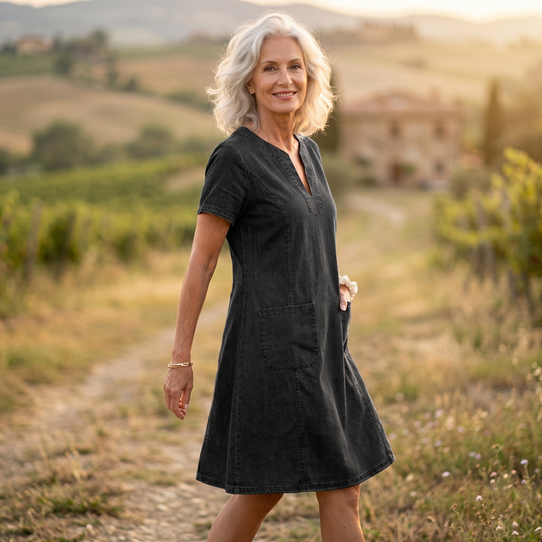 Aurelene™ – V-Neck Denim Dress with Pockets