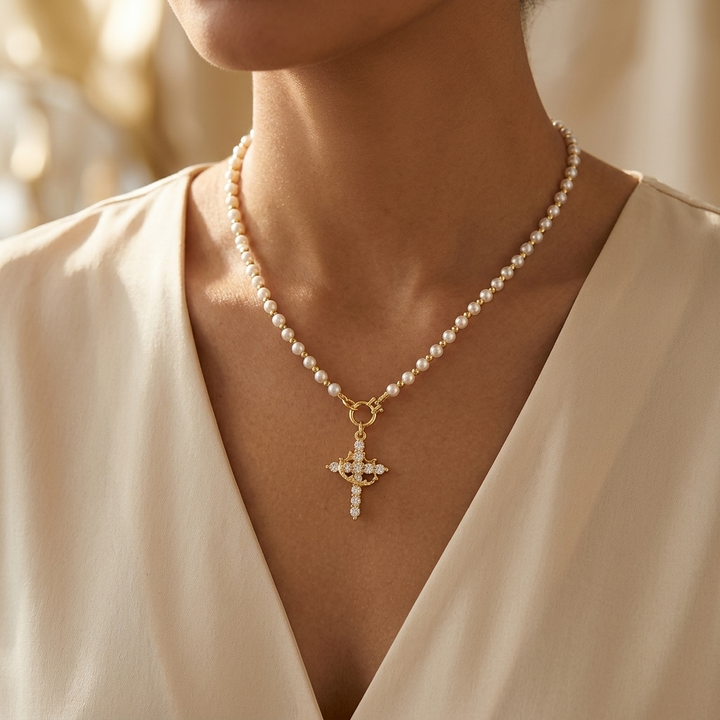 Crownara™ – Crown Cross Pearl Bead Necklace